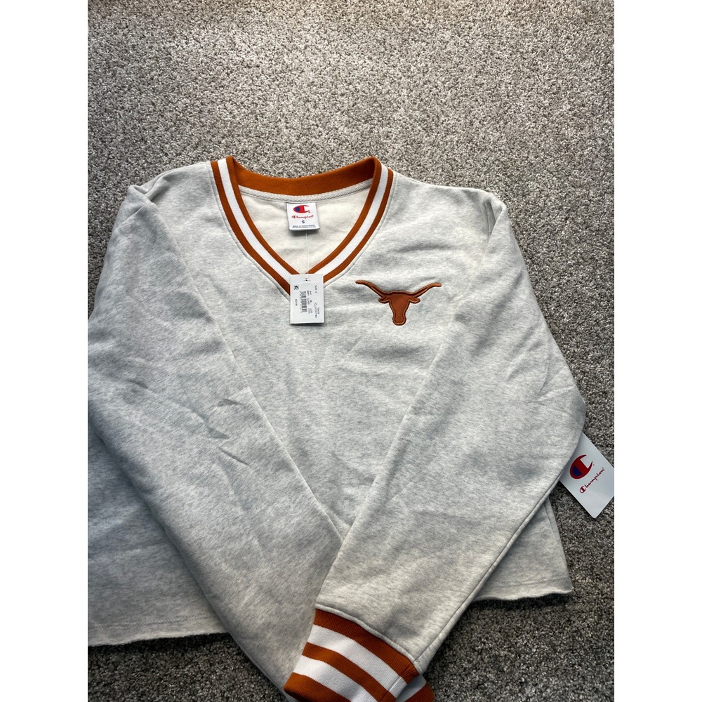 Champion V-Neck Sweatshirt Women S Gray NEW Texas Longhorns NCAA Raw Hem